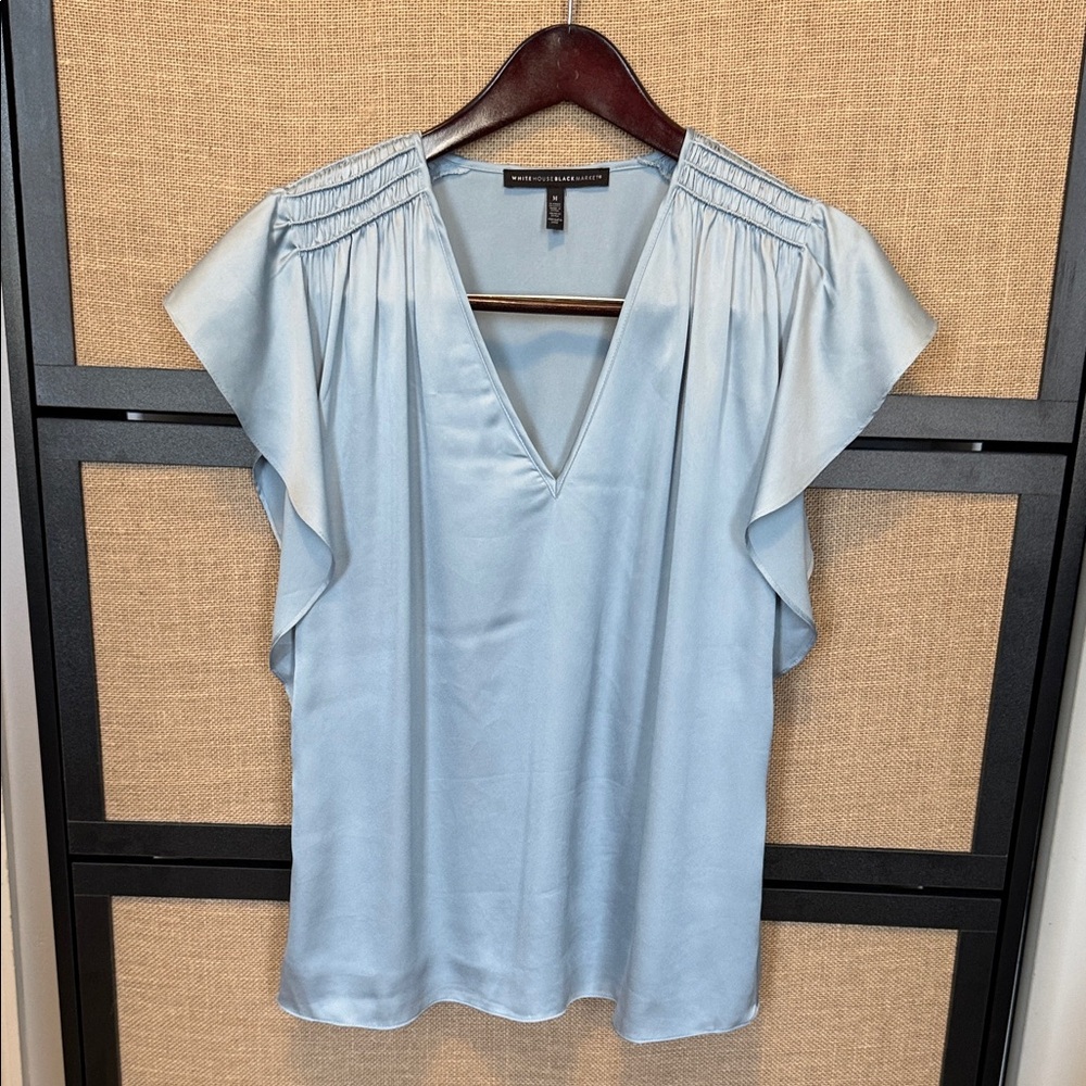 White House Black Market Light Blue V-Neck Blouse